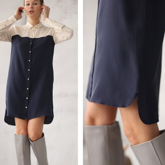 Chic white blue silk long sleeve button up tunic shirt dress XS S - Picture 2 of 7